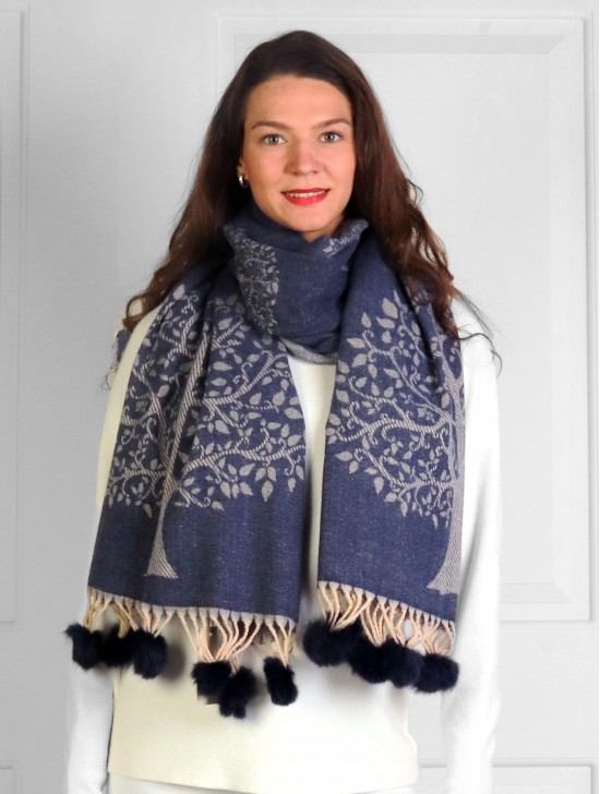 Cashmere Feeling Tree of Life Scarf with Pom-Poms Cashmere Feeling Tree of Life Scarf with Pom-Poms